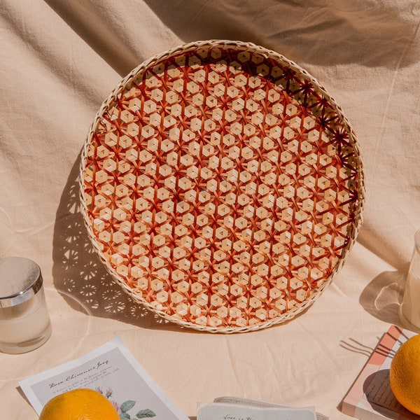 Natural Rattan/ Bamboo Pattern Round Serving Tray, Hand Crafted Placemat, Basket, Wicker Hampton Wall Decor, Boho Tablewares Seagrass Plate