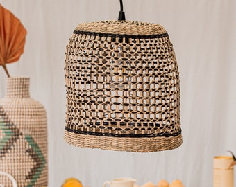 Natural Hand Woven Round Rattan Pendant Light, Boho Farmhouse Handmade Wicker Lighting Shade, Rustic Coastal Lampshade, Seagrass Chandelier