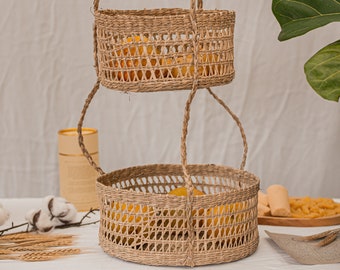 3 Tiers Round Hanging Fruit Seagrass Basket, Rattan Bowl Storage, Natural Wicker Bread Holder, Kitchen Organizer Grocery, Eco Planter Decor