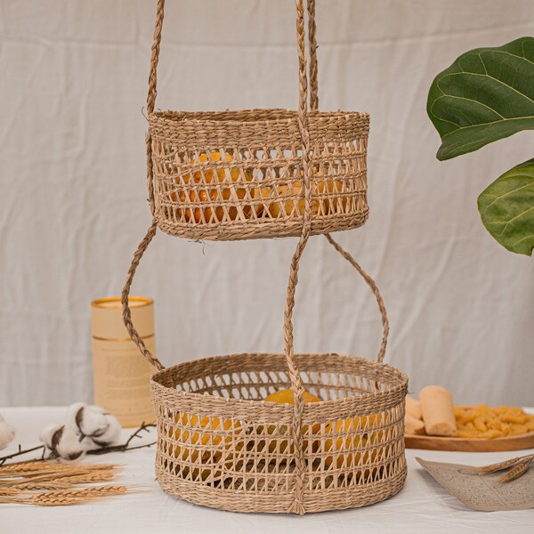 3 Tiers Round Hanging Fruit Seagrass Basket, Rattan Bowl Storage, Natural Wicker Bread Holder, Kitchen Organizer Grocery, Eco Planter Decor