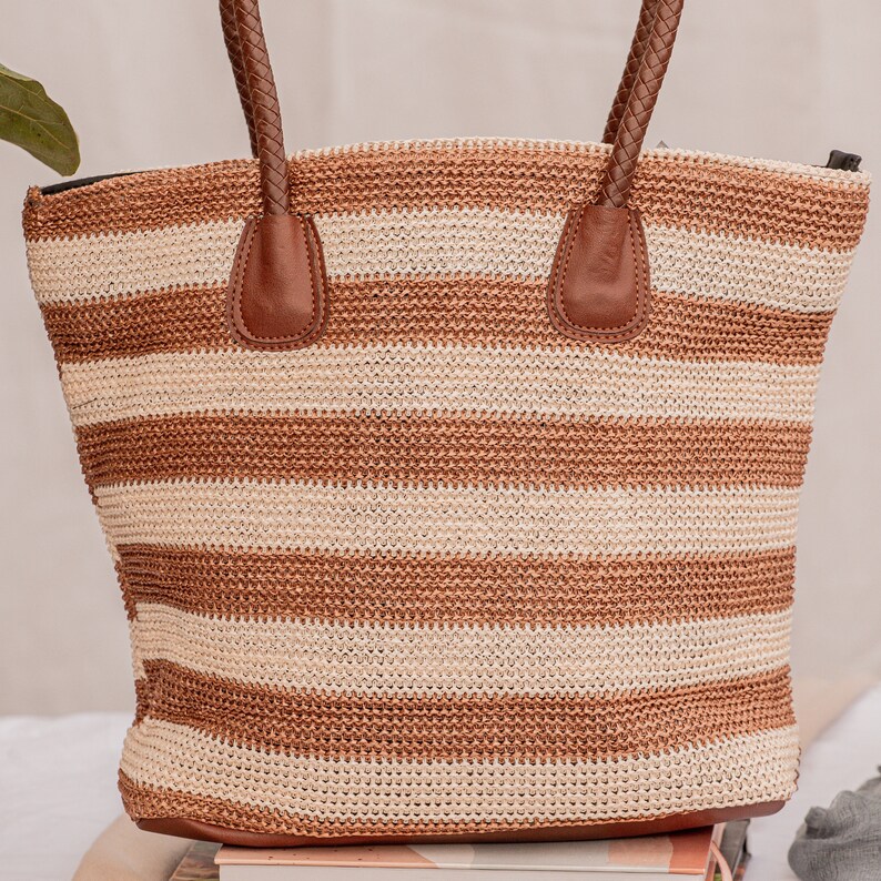 Sustainable Natural Straw Carry Bag, Hand Woven Wicker Basket, Boho Rattan Market Handbag, Beach Handmade Vegan Leather Handle Summer Bags image 9