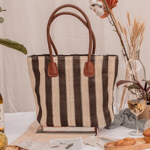 Sustainable Natural Straw Carry Bag, Hand Woven Wicker Basket, Boho Rattan Market Handbag, Beach Handmade Vegan Leather Handle Summer Bags Dark Grey