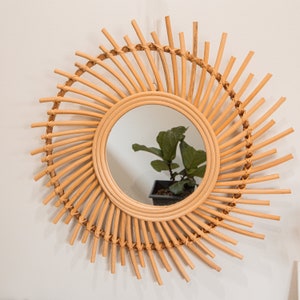 60cm Spiral Sun Flower Boho Round Rattan Mirror, Floral Hand Woven Wicker, Vintage Handmade Wall Mount Hanging Decor Bamboo Framed Mirror image 4