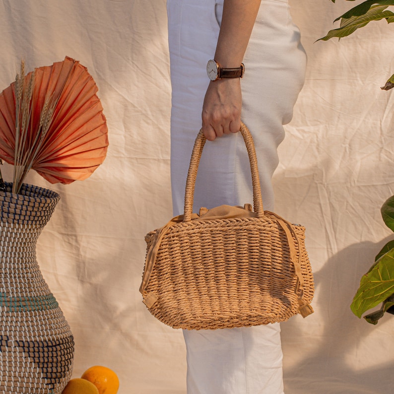 Handmade Crochet Market Macrame Bag, French Farmer Knitted Rope Shopping Handbag, Woven Mesh Reusable Shoulder Bag Eco Cotton Net Beach Tote image 5