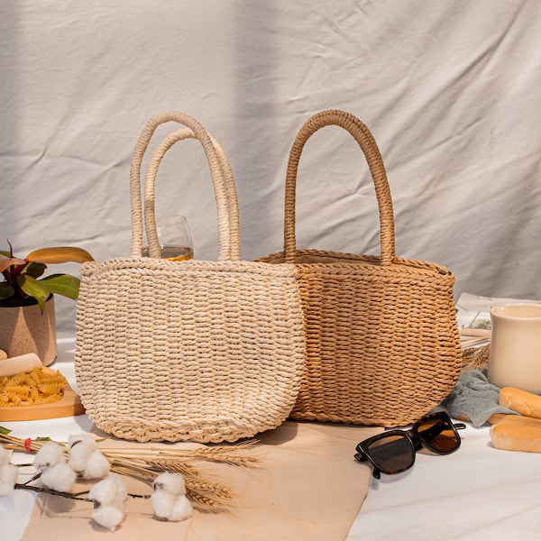 Natural Cross Body Straw Drawstring Bag, Hand Woven Rattan Handle Handbag, Boho Wicker/ Seagrass Summer Beach Shoulder Eco Bucket Tote Gift