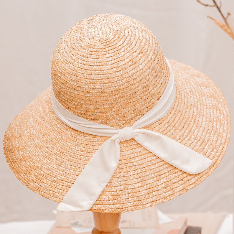 Rattan Bell Boater Ribbon Band Hat Natural Hand Woven Straw Hat, Travel Wide Brim/ Beach/ Occasion/ Bride Raffia Vintage UV Protection imagem 4