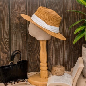 Cloche Straw Boater Wide Brim Hat Ribbon Band, Vintage Retro Elegant Fedora Floppy Rattan Hat Boho Chic Summer Travel Woman Seagrass Sun Hat image 1