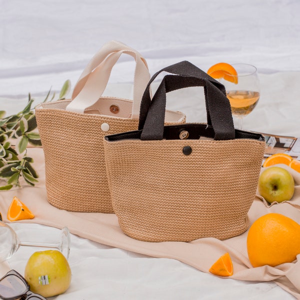 Sustainable Natural Straw Carry Bag, Eco Friendly Hand Woven Wicker Basket Boho Rattan Market Handbag, Beach Handmade Strap Handle Lunch Bag