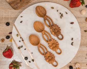 Flower Wooden Spoon, Hand Carved Organic Kitchen Utensil, Crafted Natural Timber Tableware, Handmade Vintage Floral Serving Wood Spoons Gift