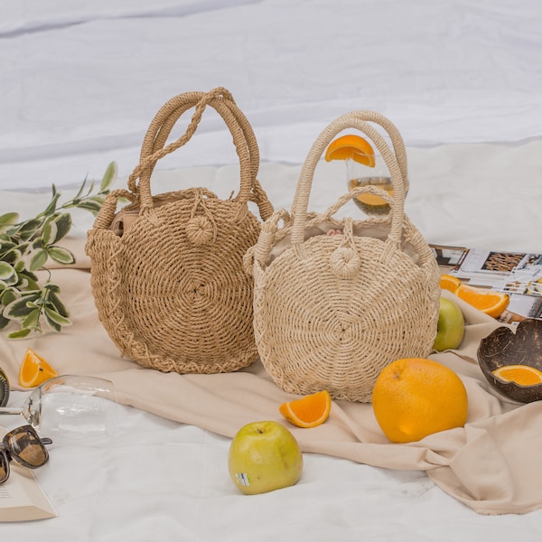 Natural Cross Body Round Straw Bag, Retro Hand Woven Rattan Handbag, Bohemia Wicker Summer Beach Clutch, Seagrass Shoulder Round Tote Gift