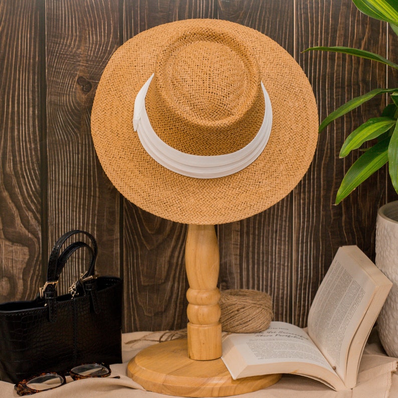Cloche Straw Boater Wide Brim Hat Ribbon Band, Vintage Retro Elegant Fedora Floppy Rattan Hat Boho Chic Summer Travel Woman Seagrass Sun Hat image 4