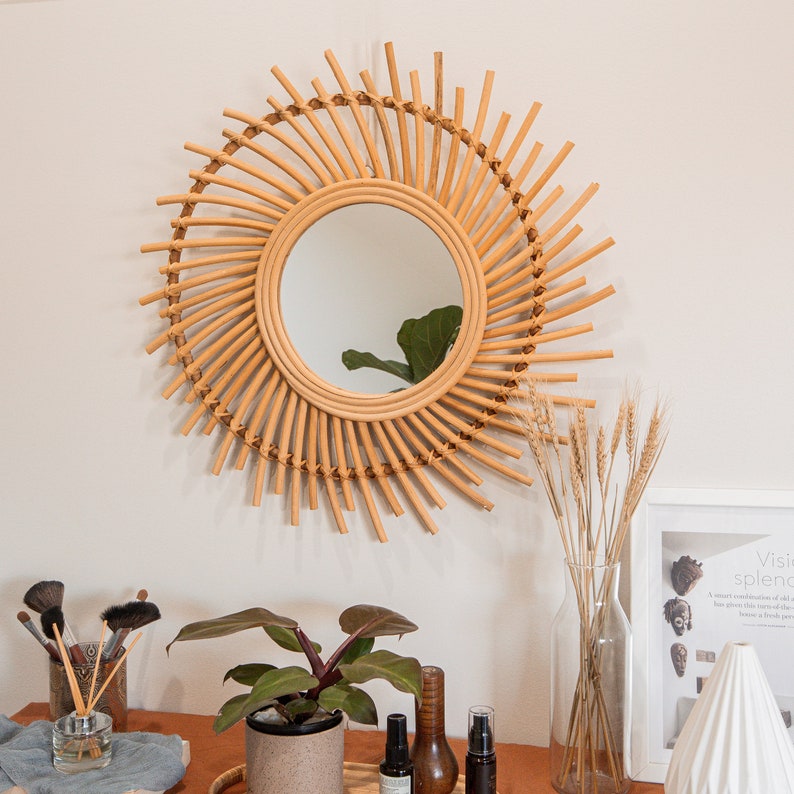 60cm Spiral Sun Flower Boho Round Rattan Mirror, Floral Hand Woven Wicker, Vintage Handmade Wall Mount Hanging Decor Bamboo Framed Mirror image 2