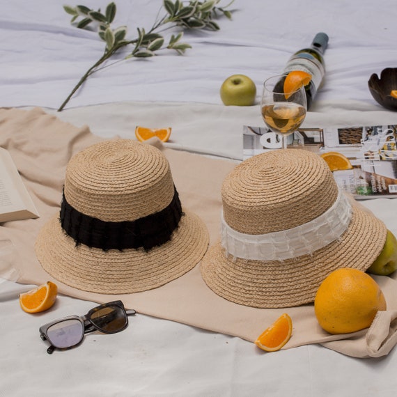 Natural Hand Woven Rattan Ribbon Bucket Hat, Elegant Summer Travel Holiday/  Sunshade UV Protection Beach/vintage Wide Brim Straw Raffia Hats 