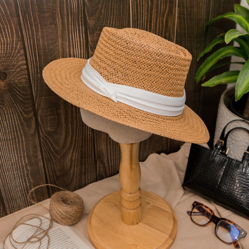 Cloche Straw Boater Wide Brim Hat Ribbon Band, Vintage Retro Elegant Fedora Floppy Rattan Hat Boho Chic Summer Travel Woman Seagrass Sun Hat image 3