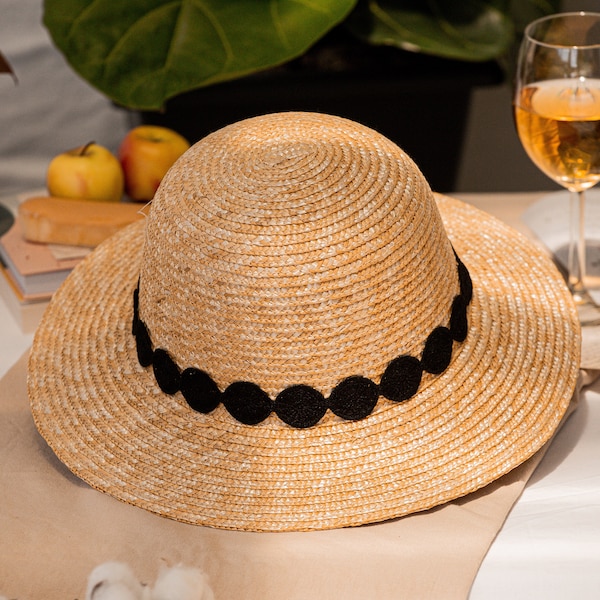 Natural Hand Woven Rattan Classic Hat Black Ribbon, Travel Wide Brim Boater Summer/ Sunshade/ Beach/ Bride/ Fedora Raffia vintage Straw Hats