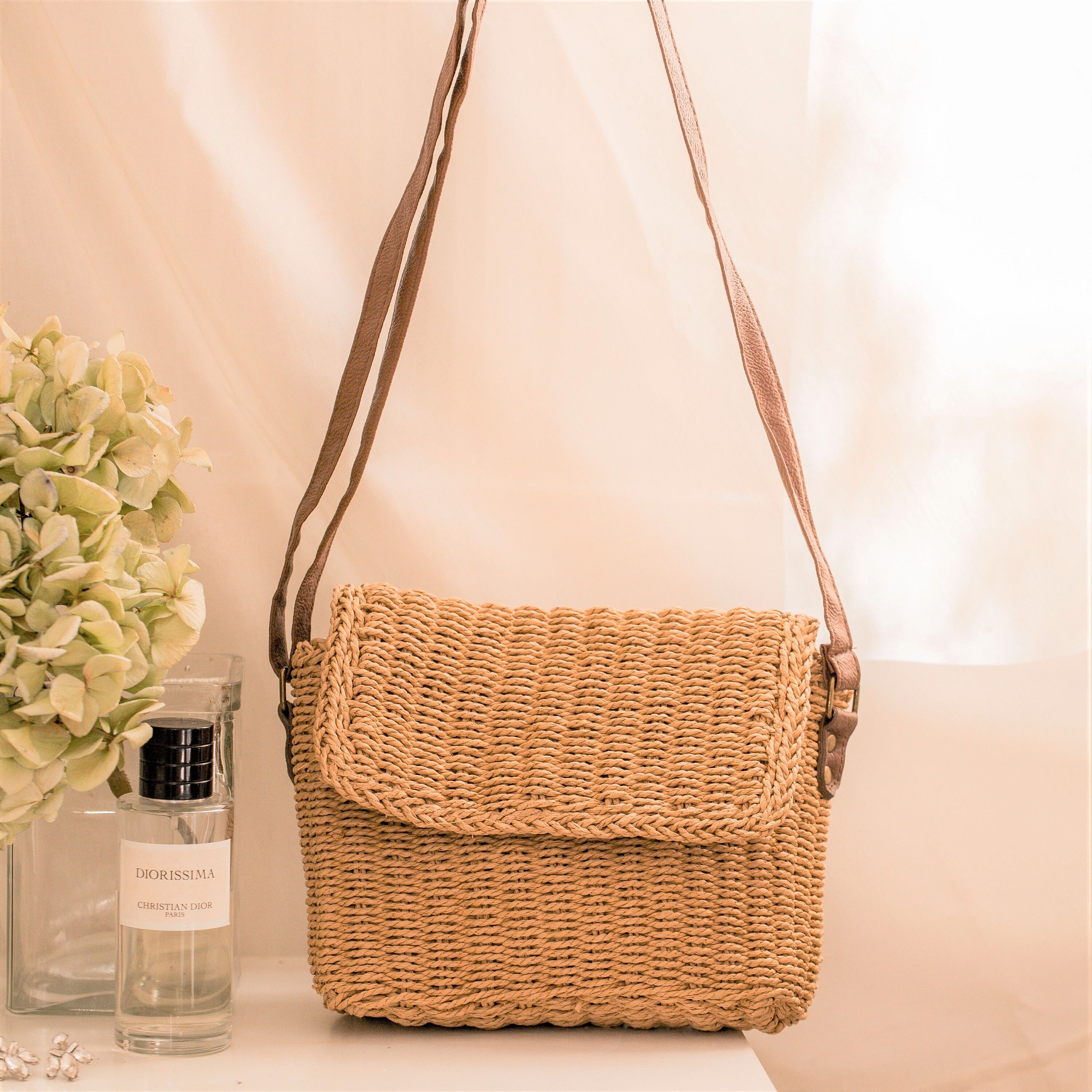 Natural Straw Messenger Bag & Strap Hand Woven Wicker Etsy