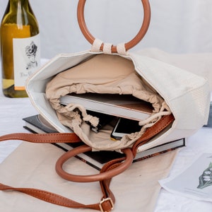 Straw Fabric Round Handle Bag Hand Woven Natural Eco Boho Market Carry Handbag, Vintage Summer Rattan Bag, Beach Seagrass Tote image 3