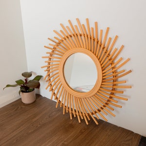 60cm Spiral Sun Flower Boho Round Rattan Mirror, Floral Hand Woven Wicker, Vintage Handmade Wall Mount Hanging Decor Bamboo Framed Mirror image 1