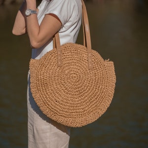 Sunflower Round Natural Raffia Eco Handbag, Sustainble Boho Hand Woven Straw Market Shoudler Bag, Beach Chic Crochet Grocery Carry Tote