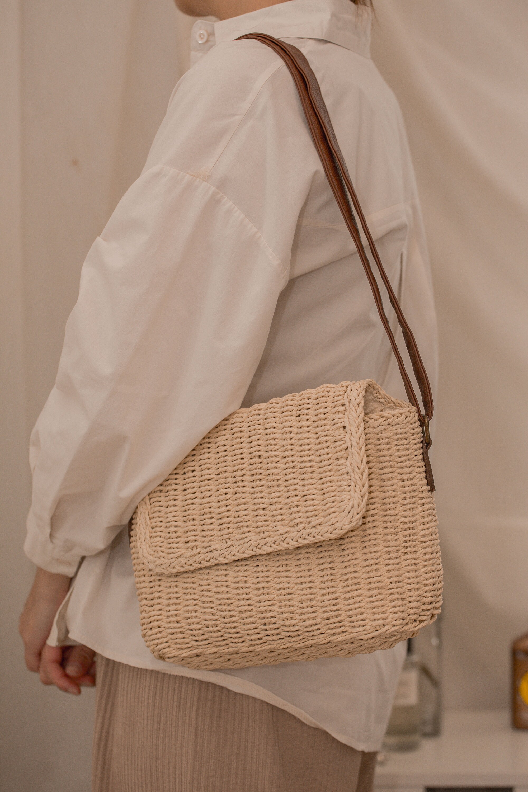 Natural Straw Messenger Bag & Strap Hand Woven Wicker Etsy