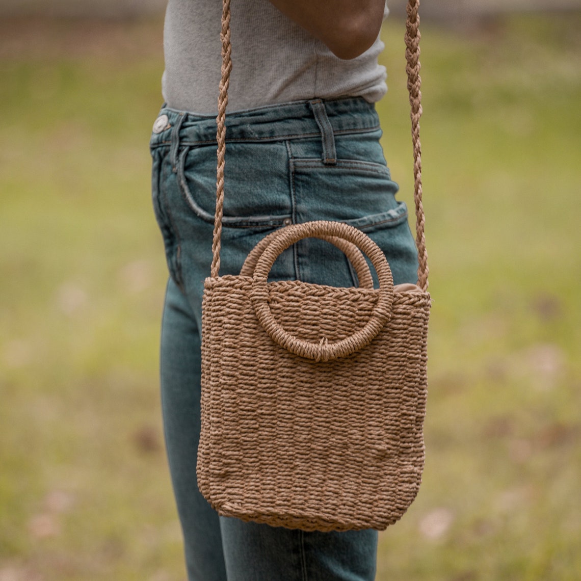 Natural Cross Body Straw Bag Round Handle Hand Woven Rattan Etsy