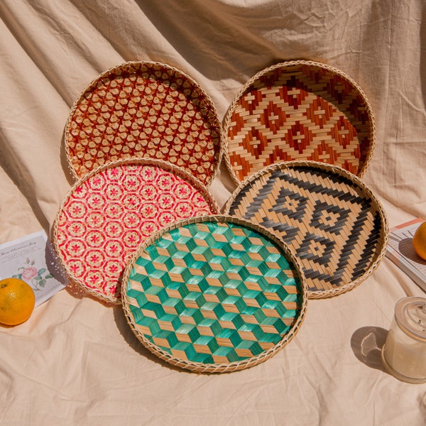 Rattan/ Bamboo Pattern Round Serving Tray, Hand Crafted Placemat, Basket, Wicker Hampton Wall Decor, Boho Tablewares Seagrass Plate Set of 5