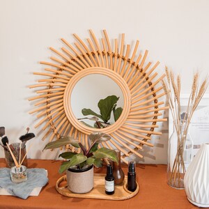 60cm Spiral Sun Flower Boho Round Rattan Mirror, Floral Hand Woven Wicker, Vintage Handmade Wall Mount Hanging Decor Bamboo Framed Mirror image 3