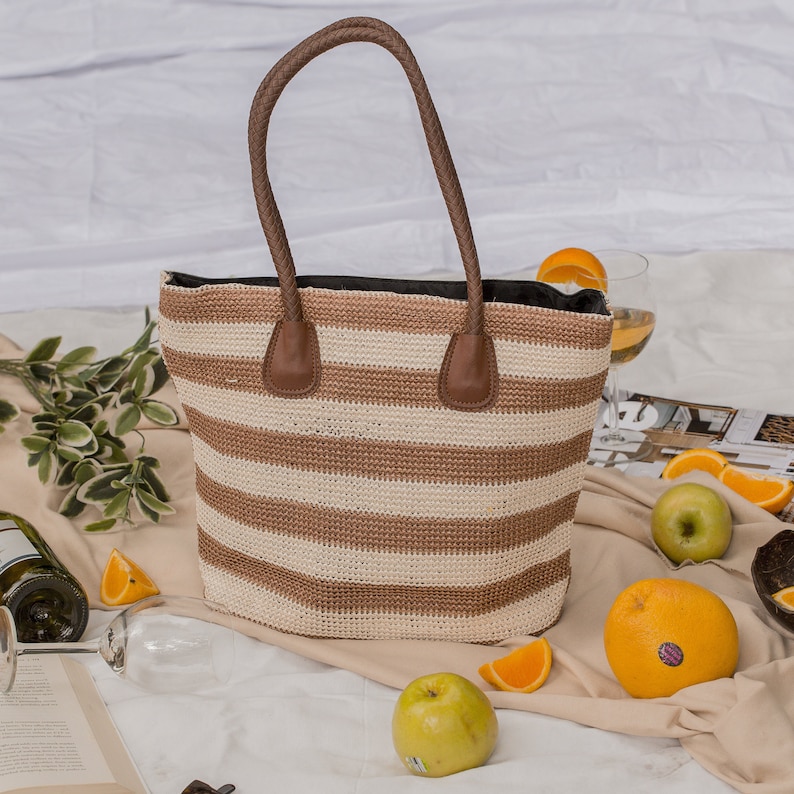 Sustainable Natural Straw Carry Bag, Hand Woven Wicker Basket, Boho Rattan Market Handbag, Beach Handmade Vegan Leather Handle Summer Bags image 10