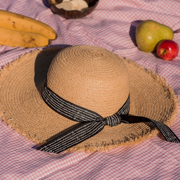 Raffia Straw Wide Brim Hat with Black Ribbon, Vintage Retro Summer Rattan Hats, Elgant Women Sunshade Ladies Summer Seagrass Protection Hat