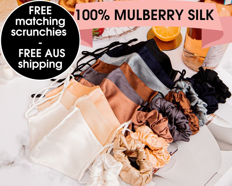100% Pure Mulberry Silk Fitted Face Mask | Free Scrunchies & Australia Shipping, Anti-Acne, Adjustable Breathable/ Reusable Organic Covering 