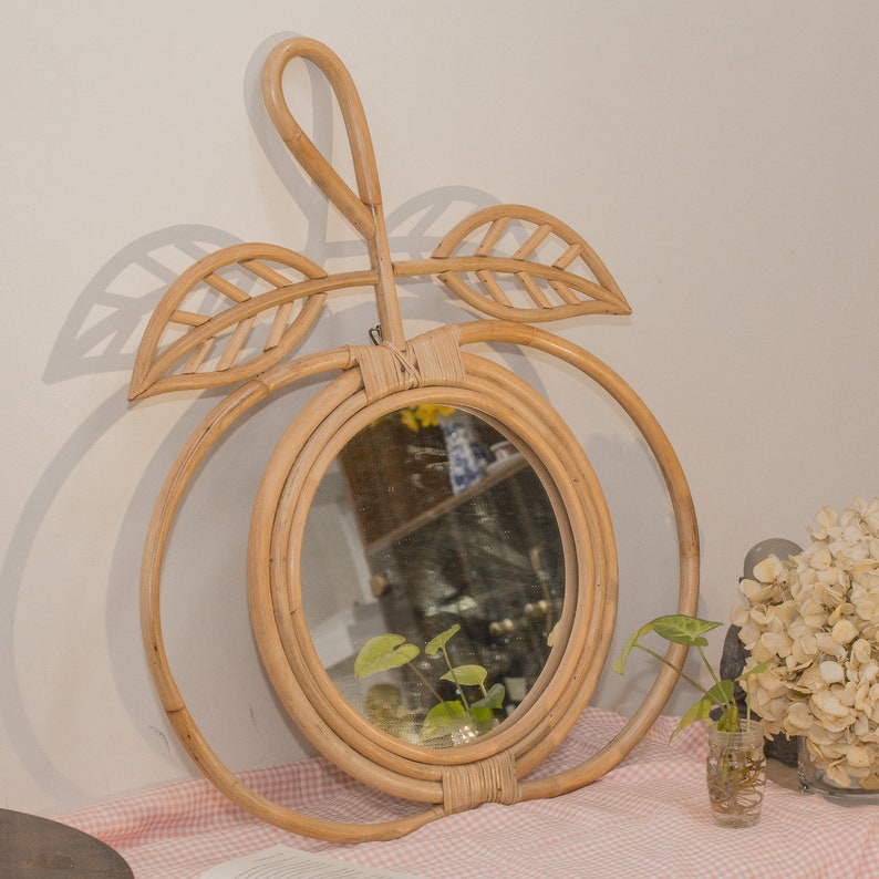60cm Apple Design Boho Round Rattan Framed Mirror, Natural Hand Woven Wicker, Vintage Handmade Wall Mount Hanging Decor, Hampton Display image 6