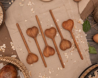 Straight Heart Wooden Spoon, Organic Love Kitchen Utensil, Natural Timber Tableware Handmade, Vintage Serving Spoons, Crafted Eco Gift Set