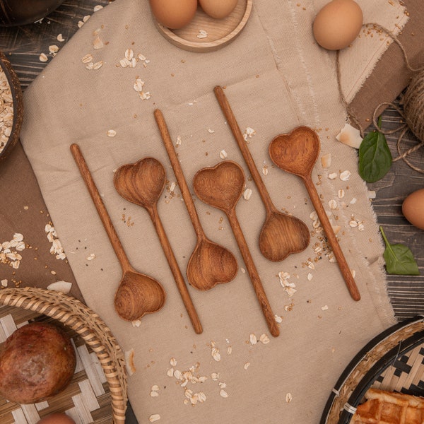 Straight Heart Wooden Spoon, Organic Love Kitchen Utensil, Natural Timber Tableware Handmade, Vintage Serving Spoons, Crafted Eco Gift Set