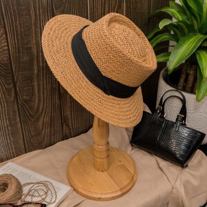 Cloche Straw Boater Wide Brim Hat Ribbon Band, Vintage Retro Elegant Fedora Floppy Rattan Hat Boho Chic Summer Travel Woman Seagrass Sun Hat image 5