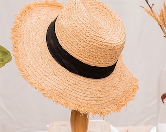 Raffia Frayed Fringe Cloche Hat | Natural Hand Woven Straw Hat, Travel Wide Brim Boater/ Beach/ Bride, Raffia Vintage UV Sun Protection Hats