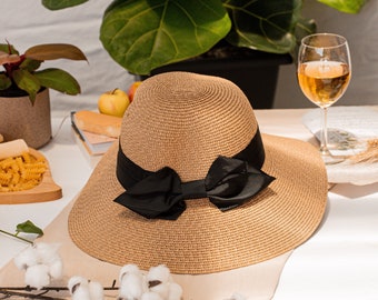 Straw Boater Wide Brim Hat Black Ribbon, Vintage Elegant Wedding Rattan Hat, Boho Chic Summer Travel Holiday Raffia Seagrass Sun Floppy Hats