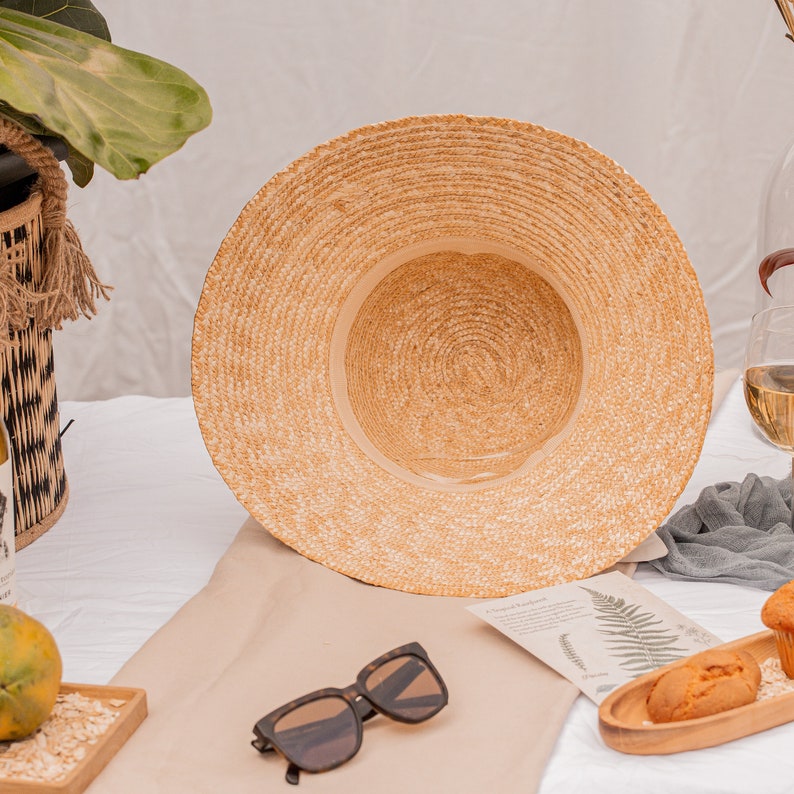 Rattan Bell Boater Ribbon Band Hat Natural Hand Woven Straw Hat, Travel Wide Brim/ Beach/ Occasion/ Bride Raffia Vintage UV Protection imagem 5