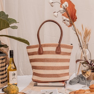 Sustainable Natural Straw Carry Bag, Hand Woven Wicker Basket, Boho Rattan Market Handbag, Beach Handmade Vegan Leather Handle Summer Bags Brown