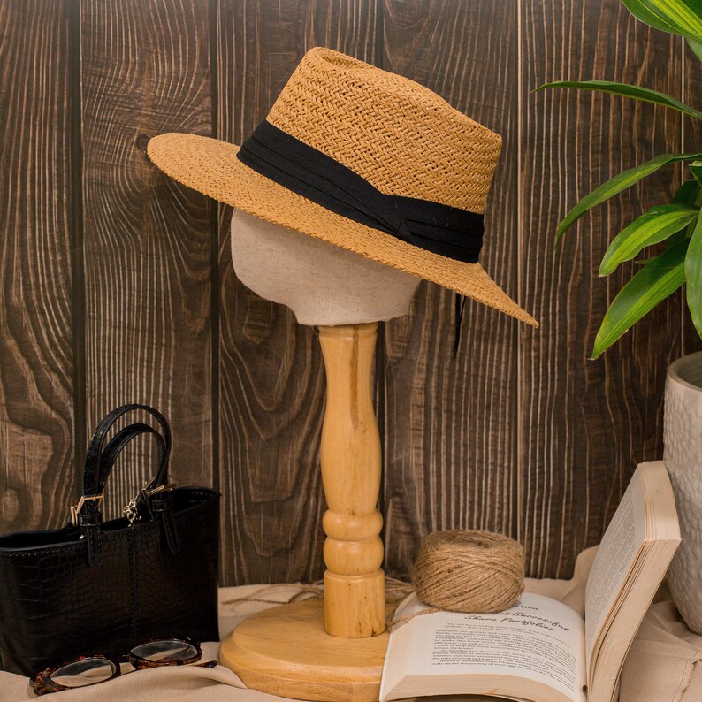 Cloche Straw Boater Wide Brim Hat Ribbon Band, Vintage Retro Elegant Fedora Floppy Rattan Hat Boho Chic Summer Travel Woman Seagrass Sun Hat image 6