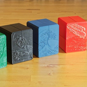 STL files for full five colour set 100 card (Commander) geared deck box with magnetic latch.