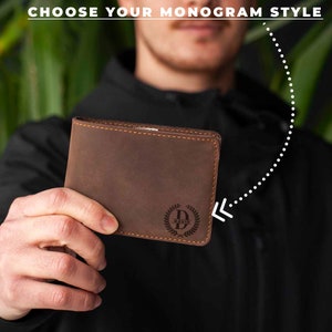 Cartera de cuero monograma personalizada para él, cartera de cuero de grano completo personalizada para el Día del Padre, regalo personalizado para novio