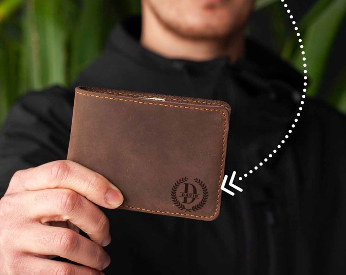 Monogrammed Leather Wallet Personalized for Him, Full-Grain Leather Wallet Customized for Father's Day, Personalized Gift for Boy Friend