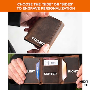 May include: A brown leather wallet with three card slots. The wallet is open and shows the front, left, center, and right sides. The text "FRONT", "LEFT", "CENTER", and "RIGHT" is printed on the wallet. The text "NEXT" is printed on a white arrow pointing to the right.