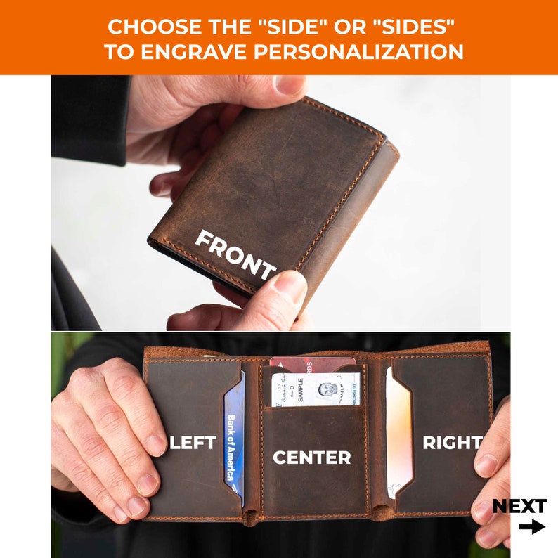 May include: A brown leather wallet with three card slots. The wallet is open and shows the front, left, center, and right sides. The text "FRONT", "LEFT", "CENTER", and "RIGHT" is printed on the wallet. The text "NEXT" is printed on a white arrow pointing to the right.