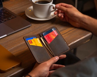 Personalized Minimalist Leather Wallet: Slim Front Pocket Bifold