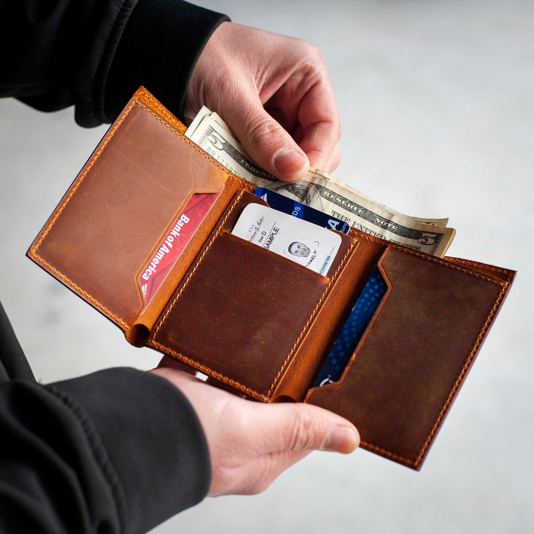 Cartera de cuero personalizada de tres pliegues: billetera minimalista  delgada con grabado México