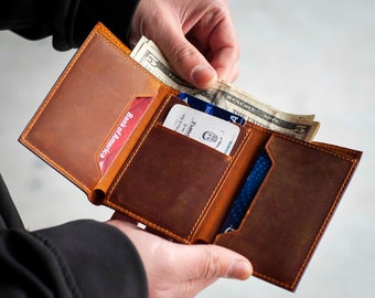 Personalized Leather Trifold Wallet: Slim Minimalist Engraved Wallet