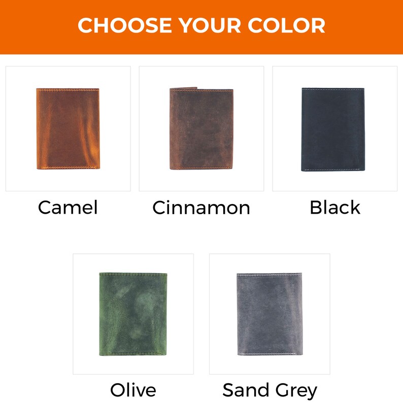 May include: Five leather wallets in different colors: camel, cinnamon, black, olive, and sand grey.  Choose your color.