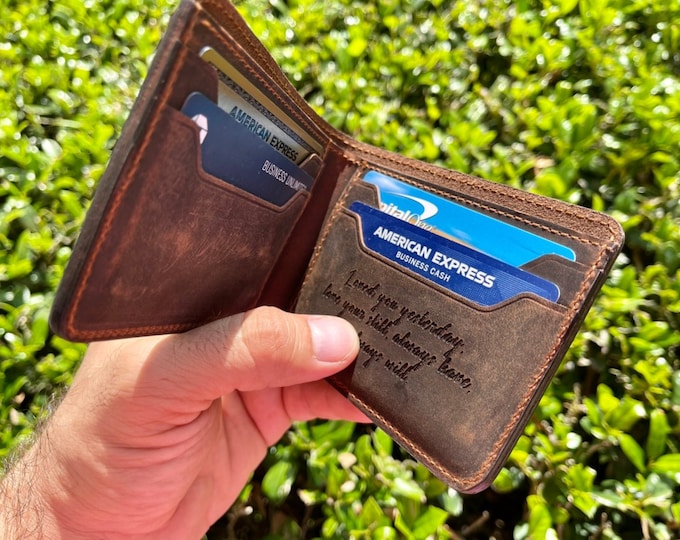 Custom Minimalist Leather Wallet - Engraved Bifold Men's Wallet - Personalized Gift