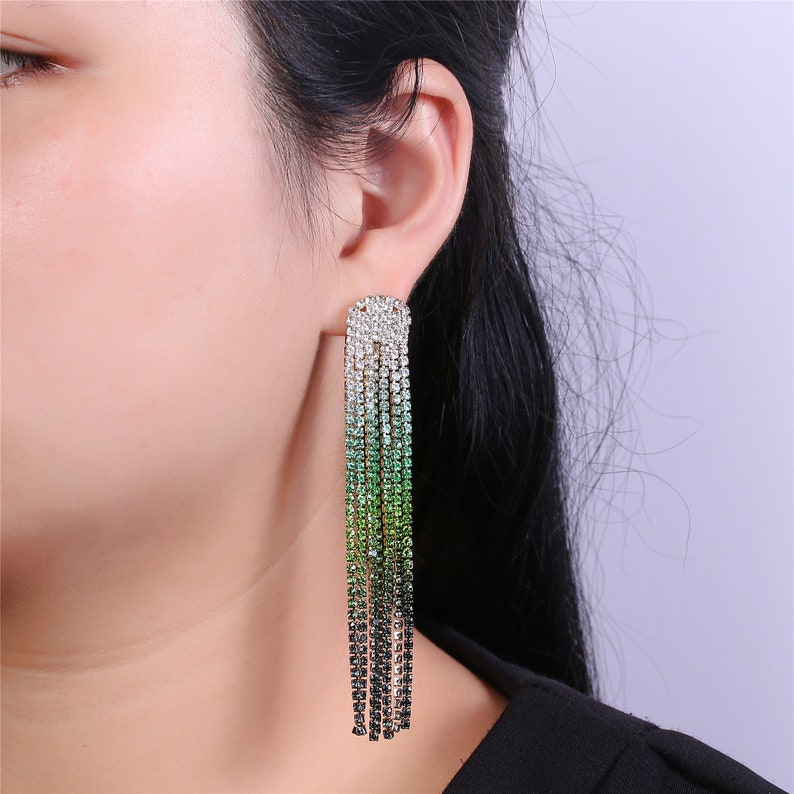 Lovely Green Ombre Studs Earrings Dainty Crystal Earring CZ Stone Green Ombre Curtain Stud Drop Earring